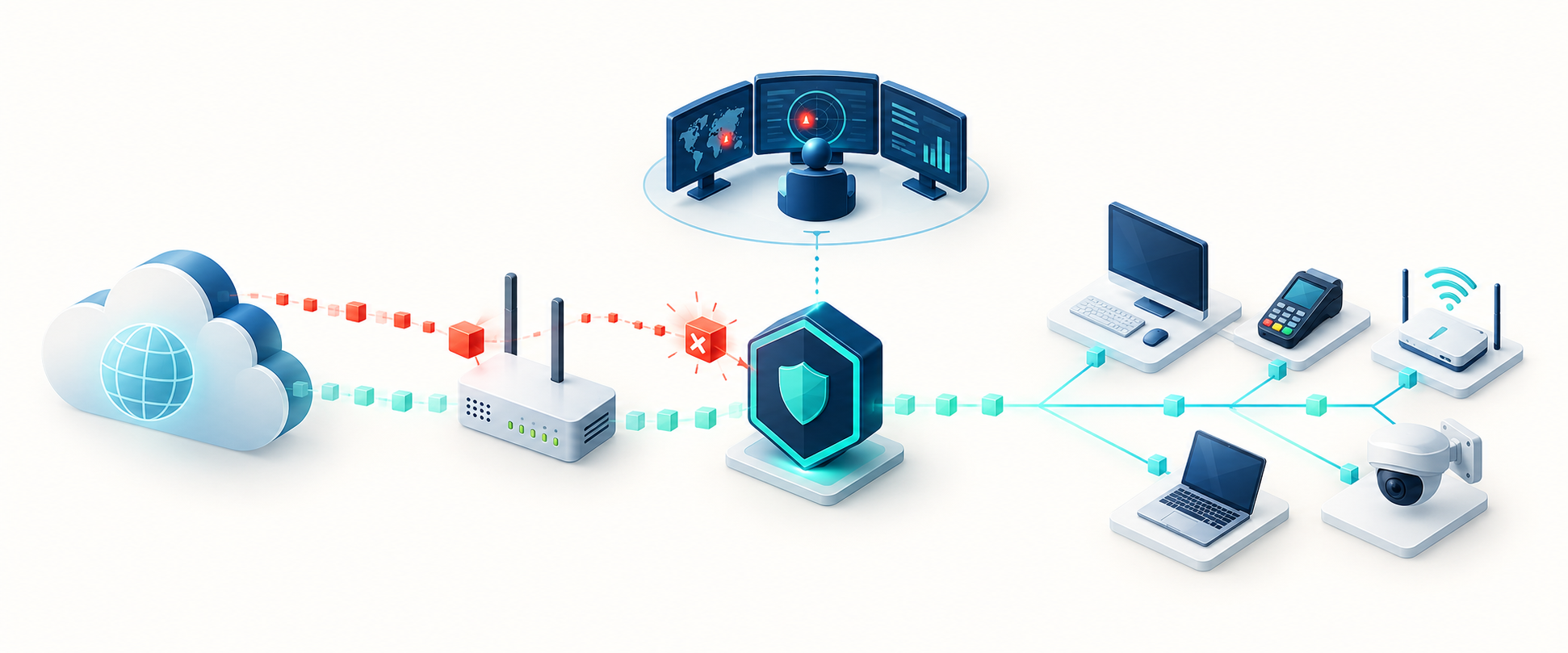 Diagrama del tráfico de Internet que atraviesa el equipo del operador y la protección Cybertron antes de llegar a la red del negocio